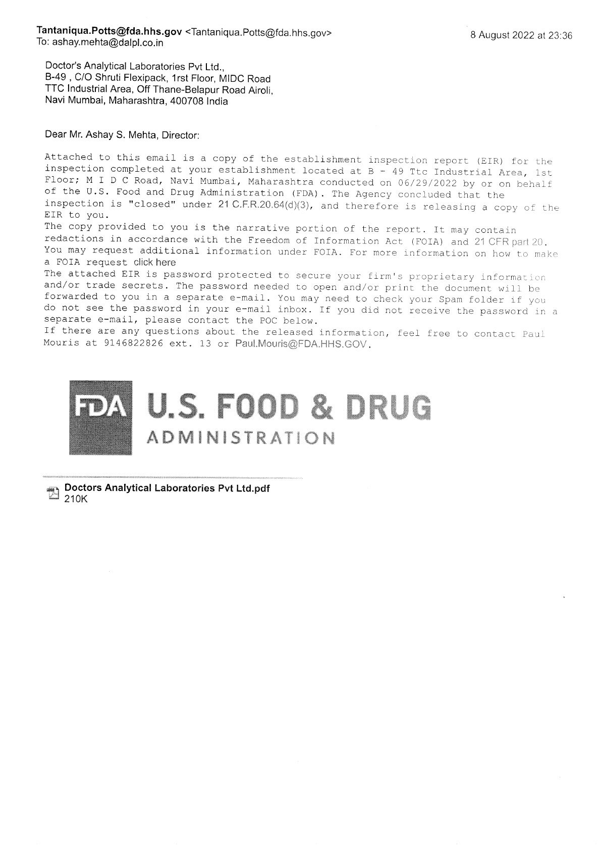 US FDA — Establishment Inspection Report (2022)