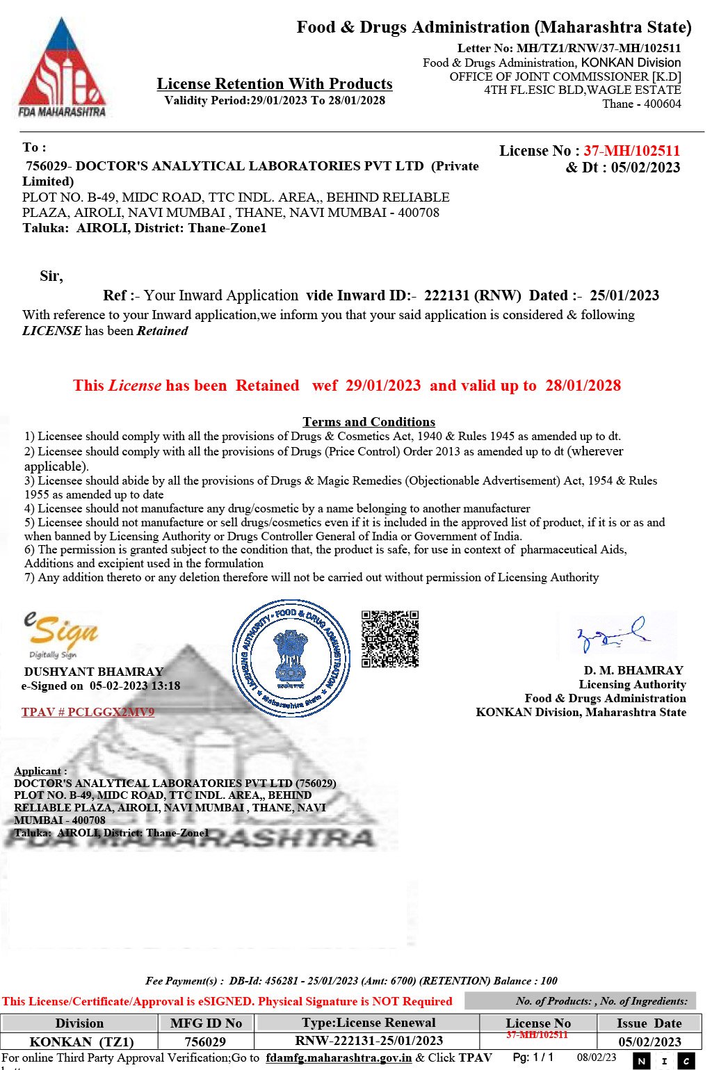 Maharashtra FDA — Licence Retention