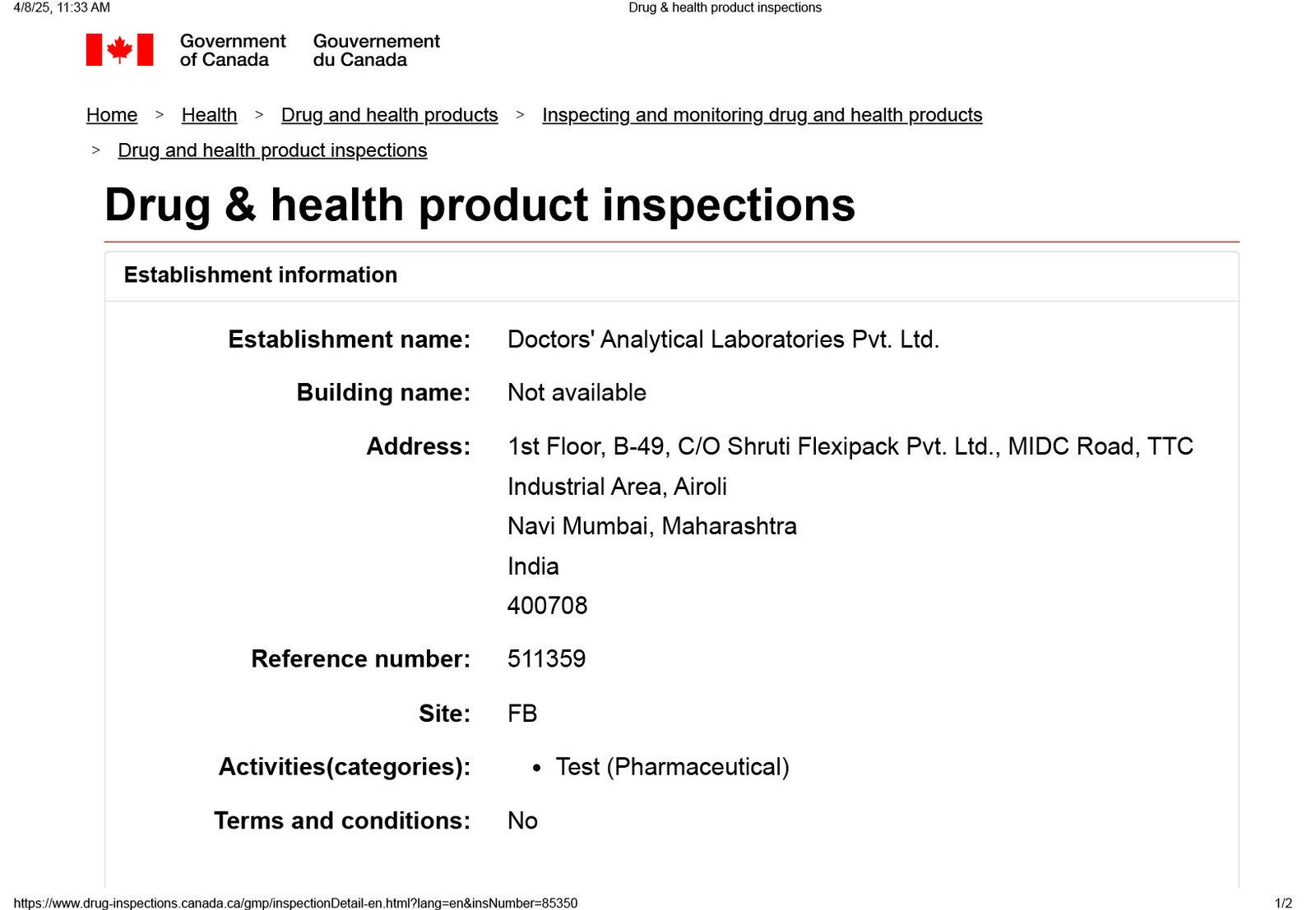 Health Canada — Drug & Health Product Inspection Record