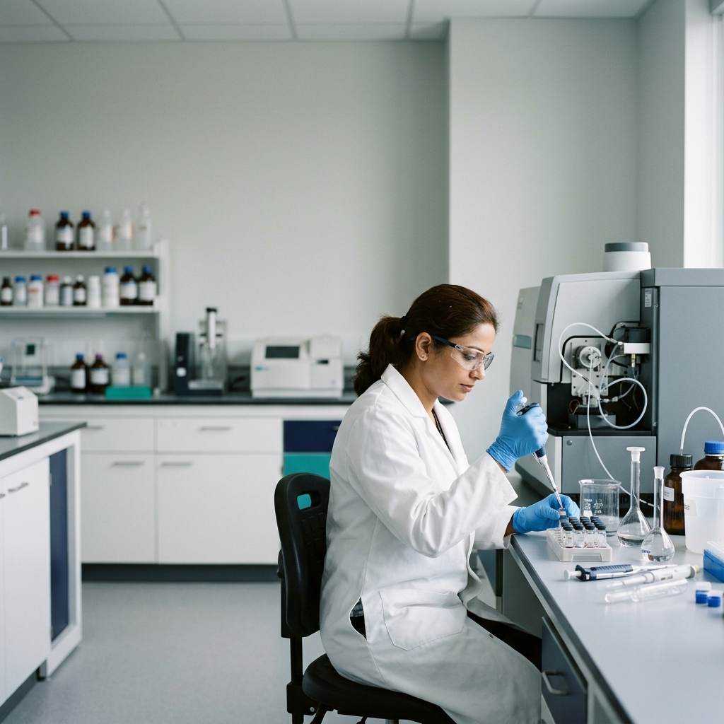 Analytical chemist preparing samples for elemental impurity testing