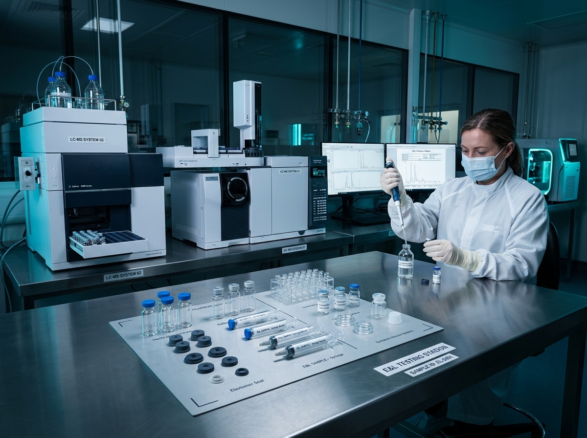 Pharmaceutical laboratory specialist evaluating container-closure packaging systems on analytical instruments