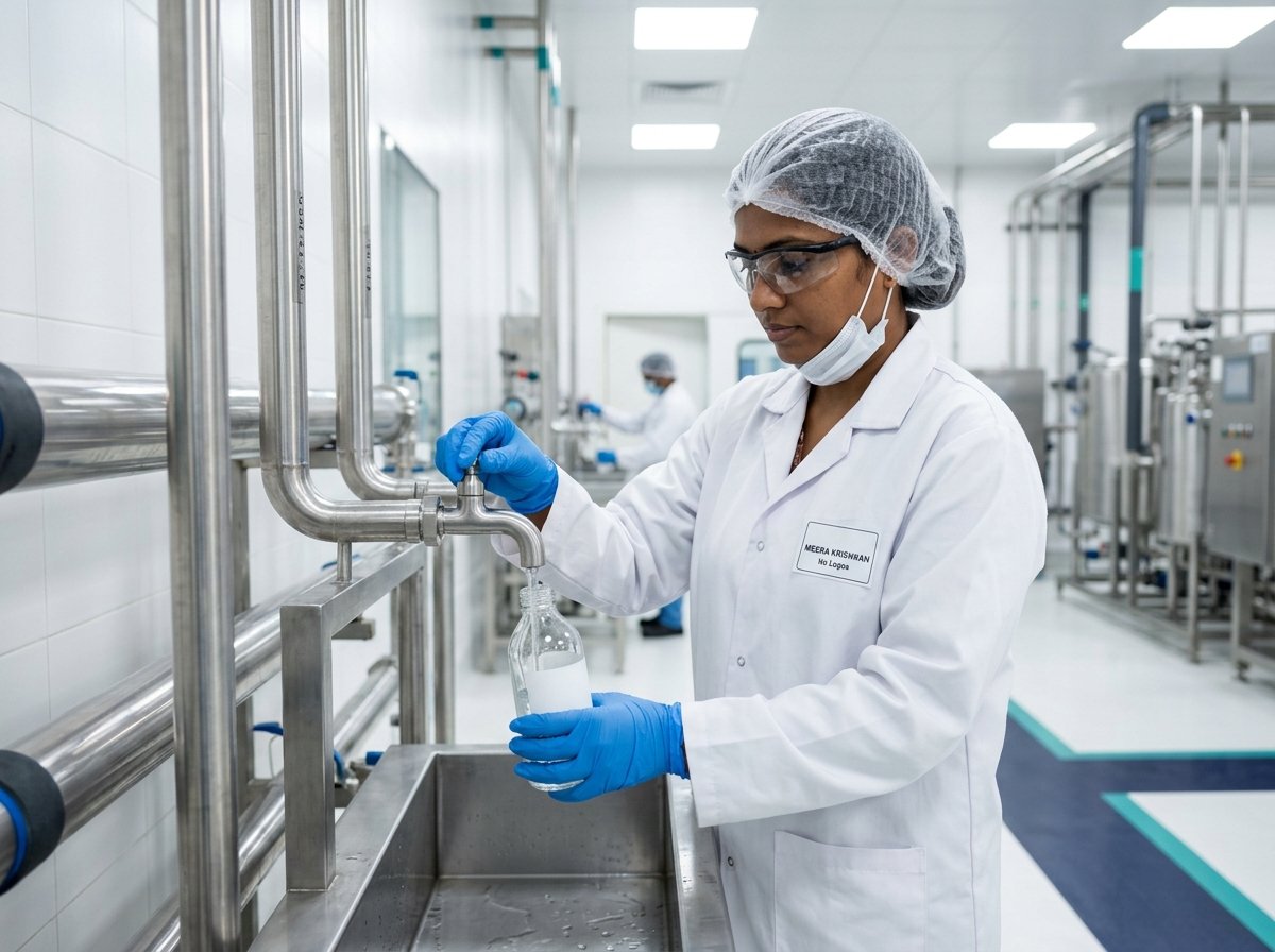 Quality-control technician collecting a process-water sample in a food facility