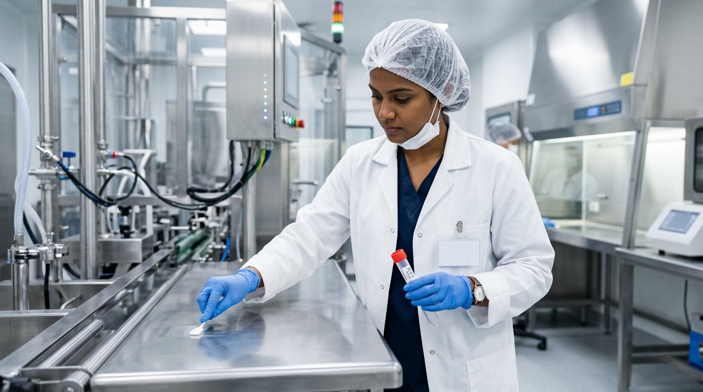 Indian technician collecting a surface swab for hygiene monitoring
