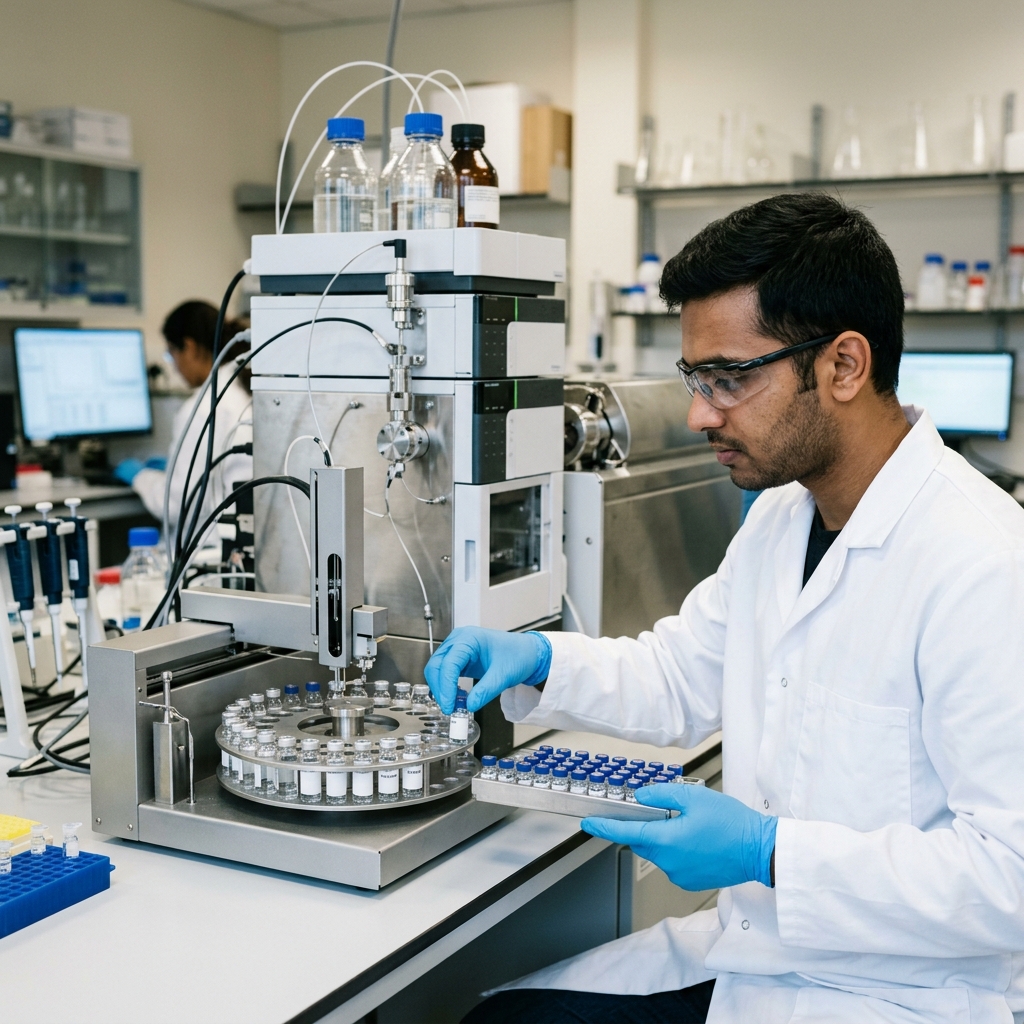 Sample vials prepared for LC-MS/MS pharmaceutical analysis