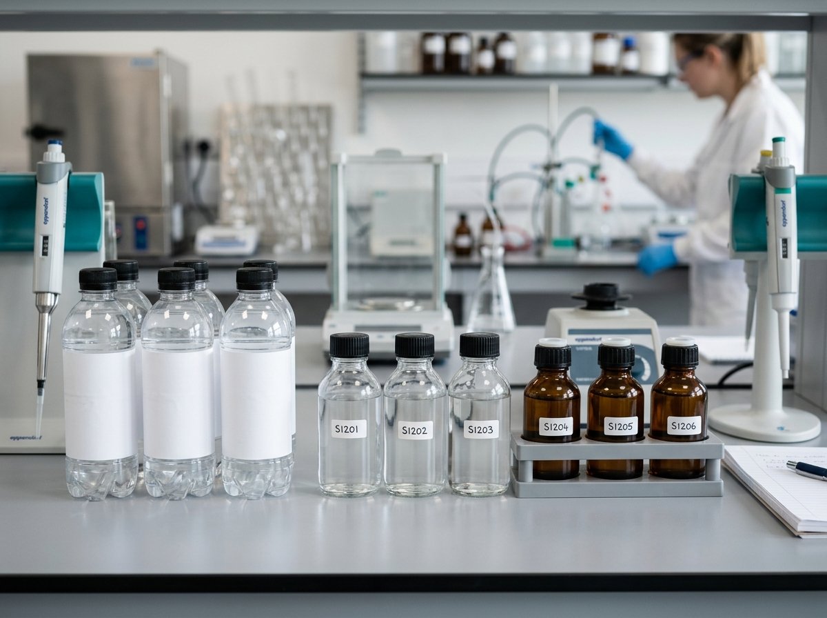 Packaged drinking-water samples prepared for laboratory quality testing