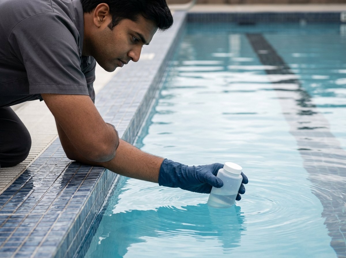 Technician collecting a swimming-pool water sample for testing