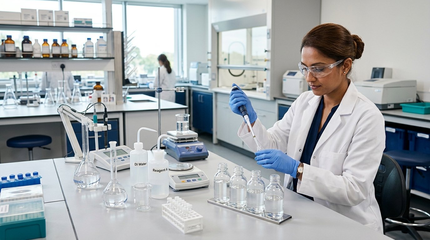 Laboratory analyst preparing water samples for quality testing